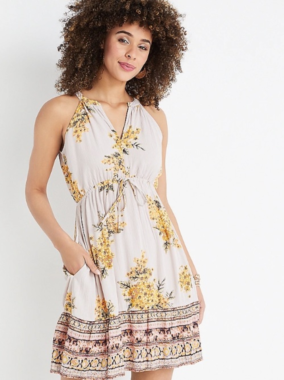 Floral Babydoll V Neck Halter Mini Dress XL Feminine Cottagecore Festival